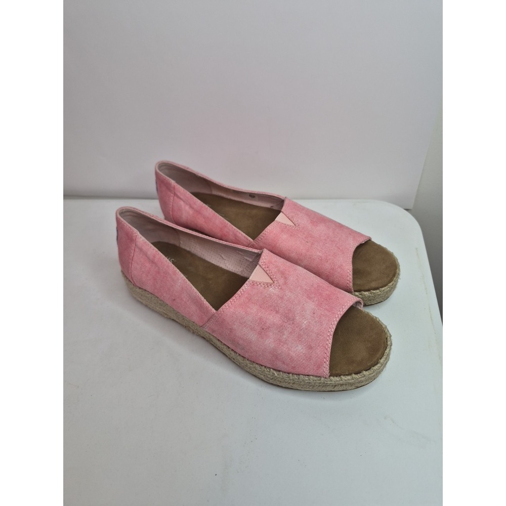 TOMS PINK / RED Chambray Espadrilles Low Wedge Peep Toe Slip On Shoes Sz 10
